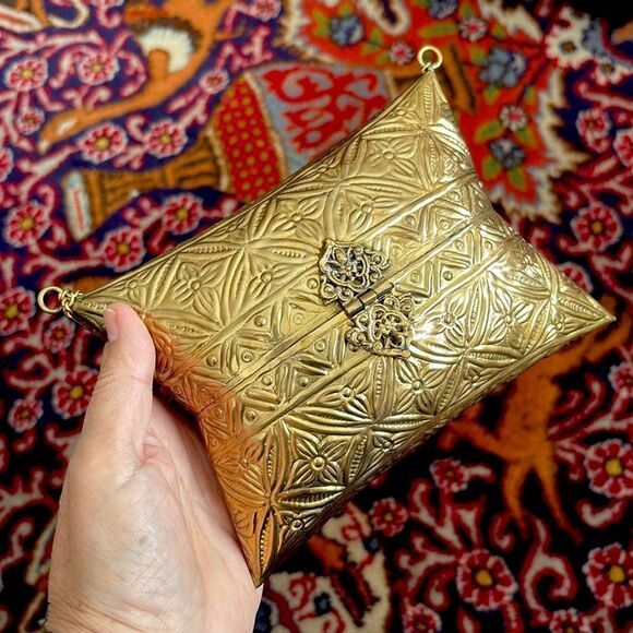 Brass Handcrafted Boho Pillow Shaped Evening Bag w/ Crossbody Chain Strap - Picture 6 of 15